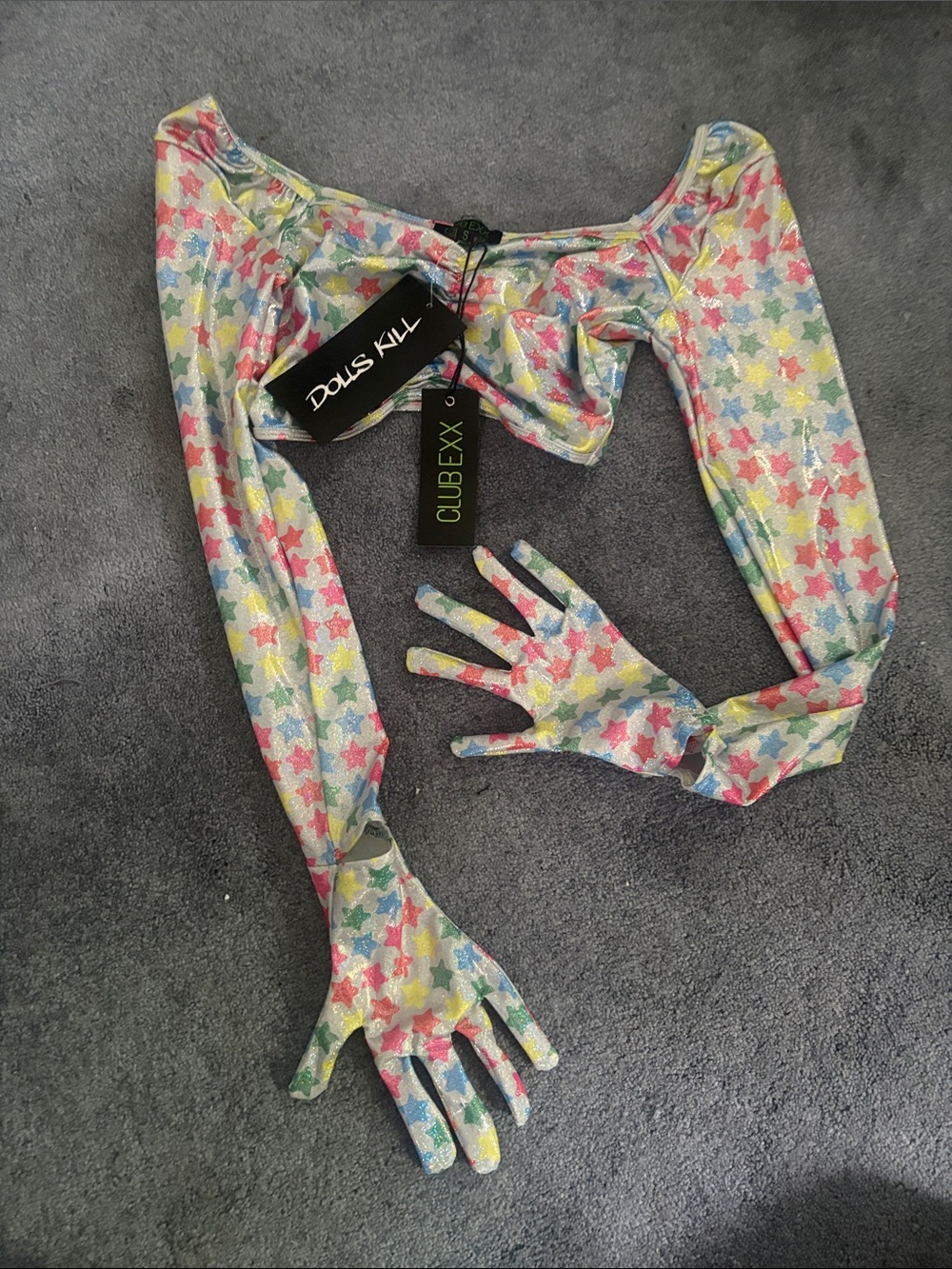 Dolls Kill Metallic Star Crop Top and Gloves - Multicolor Stars